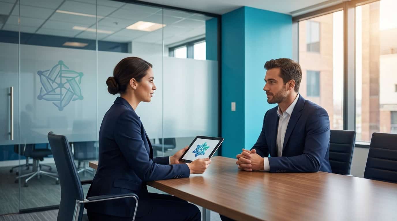 Entrevista de trabajo en oficina moderna con profesionales en CVRevolution.